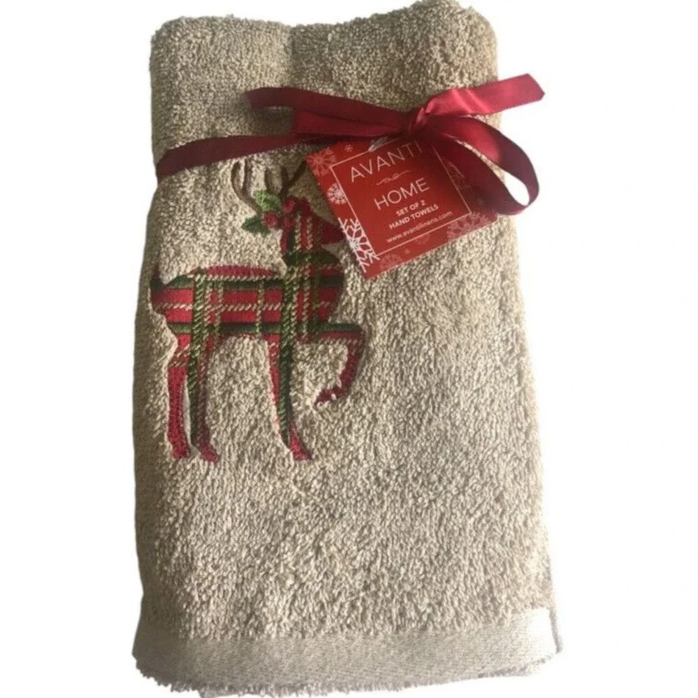 Avanti Christmas Plaid Reindeer Hand Towels Embroidered Bathroom Beige Set of 2